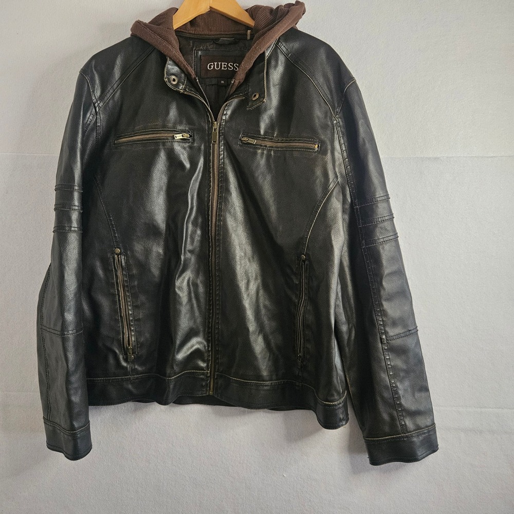 Guess Mens Faux Leather Hooded Moto Jacket Brown XL 11ZX1024 RN54163